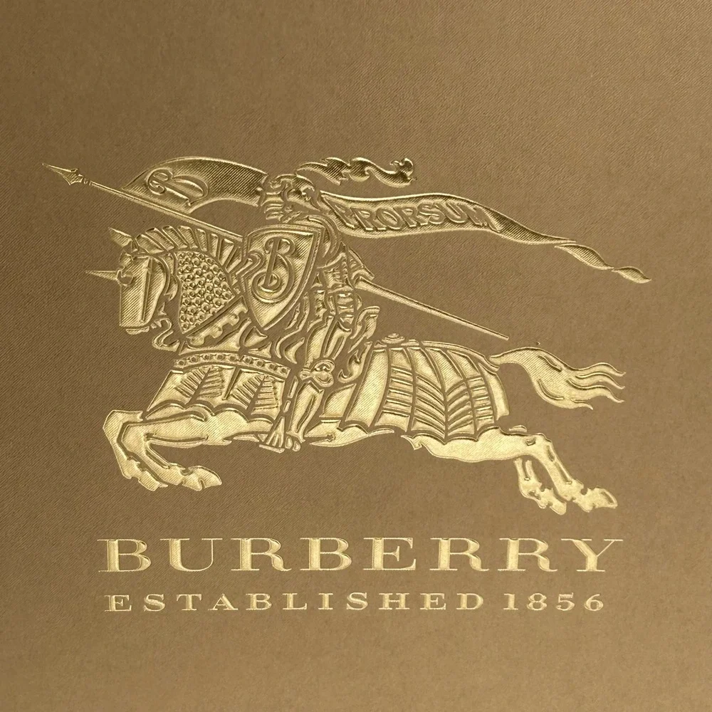 Burberry Tan Sturdy Thick Gift Box Envelope Set Gold Embossed Equestrian Knight